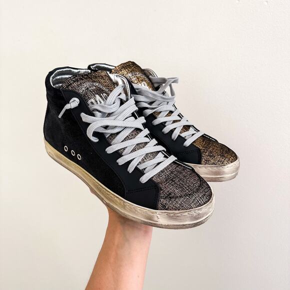 P448 Shoes - P448 Metallic Skate High Top Lace Up Sneakers Black/Gold 37